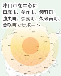 津山市を中心に真庭市、美作市、鏡野町、勝央町、奈義町、久米南町、美咲町でサポート